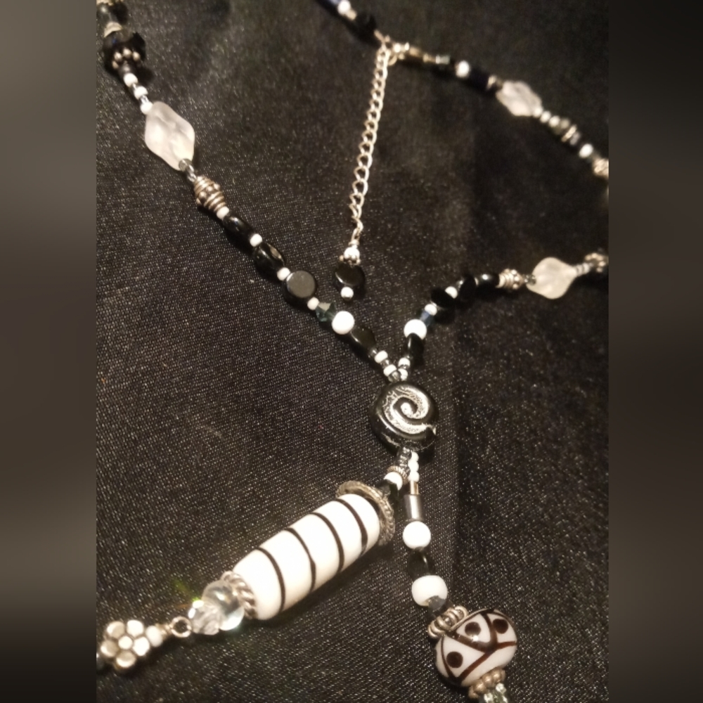 Retro Black and white art glass necklace with beaded tassels 925 accents